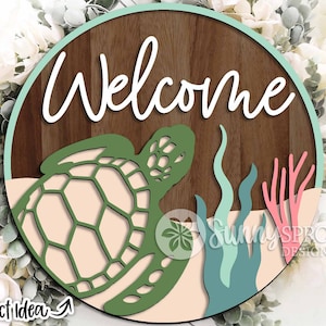 Letrero de bienvenida de tortuga marina, descarga digital, colgador de puerta redondo SVG, archivo láser Glowforge, archivo de corte Cricut, letrero de bienvenida de casa de playa oceánica