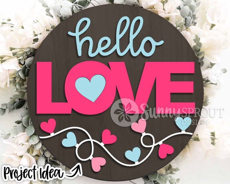 Hello Love Heart String Light Sign, Digital Download, Round Door Hanger