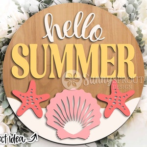 Letrero de conchas marinas "Hola Verano", descarga digital, colgador de puerta redondo SVG, archivo láser Glowforge, archivo de corte Cricut, letrero de bienvenida de verano, SVG de playa