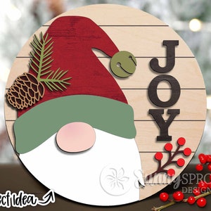 Letrero redondo de gnomo de Papá Noel JOY, descarga digital, colgador de puerta SVG, archivo láser Glowforge, Cricut, archivo de corte de silueta, letrero de bienvenida navideño