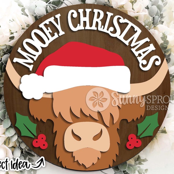 Mooey Christmas Highland Cow Sign, DIGITAL download, Round door hanger svg, Glowforge laser file, Cricut, Farm decor, Funny Christmas svg