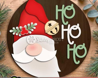 Ho Ho Ho Gnome Santa Face Sign, Digital Download, SVG Laser Cut File, Cricut, Round Door Hanger Design, Christmas Decor