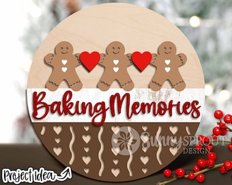Baking Memories Gingerbread Sign, Digital Download, SVG Laser Cut File, Cricut, Round Door Hanger Design, Christmas Decor