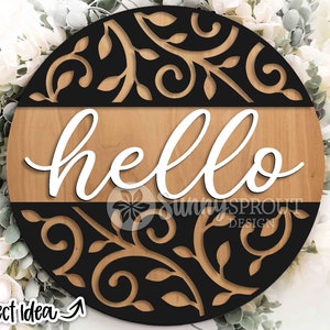 Bonjour vigne motif signe, téléchargement numérique, accroche-porte rond svg, fichier découpé au laser Glowforge, enseigne moderne, décor de porte de ferme, personnaliser