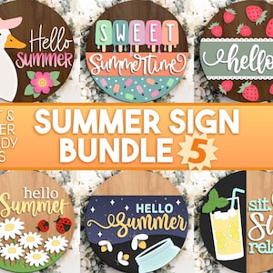 May include: A set of five summer-themed wooden signs with various designs, including a duck, ice cream, strawberries, and lemonade. The signs feature the text "Hello Summer", "Sweet Summertime", "Hello", "Hello Summer", and "Sit. Sip. Relax."