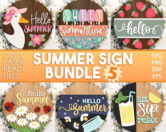 Sommer Laser Zeichen Bundle 5, Runde Türschild svg, Glowforge Laserdatei, Cricut, Haustür Willkommensschild, Hallo Sommer svg