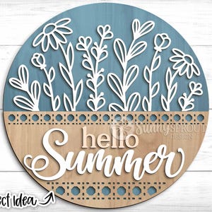 Hello Summer Wildblumen Zeichen, digitaler Download, runder Türschild svg, Glowforge Laser-Datei, Cricut cut Datei, Willkommensschild mit Blumenmuster