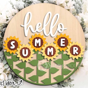 Bonjour signe tournesols d'été, accroche-porte rond svg, fichier découpé au laser Glowforge, Cricut, panneau de bienvenue floral d'été, accroche-porte tournesol svg