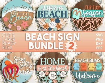 Beach Theme Sign Bundle 2, Digital download, Round door hanger svg, Glowforge laser file, Cricut, Front door welcome sign, Ocean decor svg