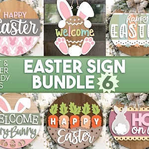 Bundle 6 de signes de Pâques, téléchargement numérique, svg rond d'accroche-porte, fichier laser Glowforge, fichier de coupe Cricut, signe de bienvenue printemps svg, lapin de Pâques