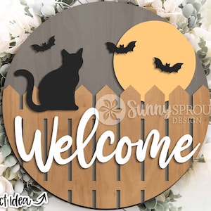 Welcome Fence Cat Moon Sign, Digital download, Round door hanger svg, Glowforge laser file, Cricut, Spooky sign svg, Halloween decor