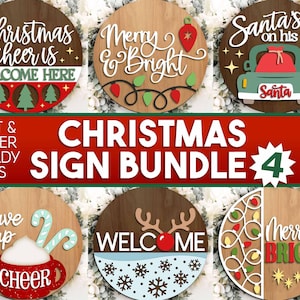 Christmas Laser Sign Bundle 4, Digital download, Round door hanger, Glowforge laser cut file, Holiday welcome sign svg, Winter decor svg