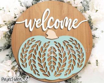 Welcome Sweater Pattern Pumpkin Sign, Digital Download, SVG Laser Cut File, Cricut, Round Fall Door Hanger Design