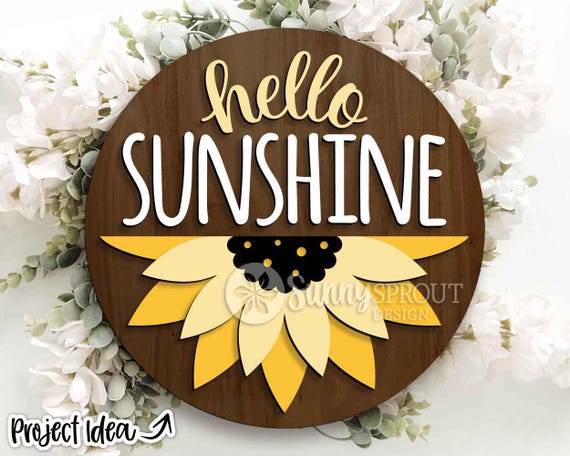 Hello Sunshine Sunflower Sign, Digital download, Glowforge SVG laser cut file, Cricut, Round door hanger design, Summer decor