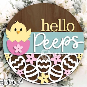 Hello Peeps Küken & Osterei Schild, Digitaler Download, Türschild, Türschild, Glowforge Laser-Datei, Cricut Cut Datei, Frühling Willkommen Schild
