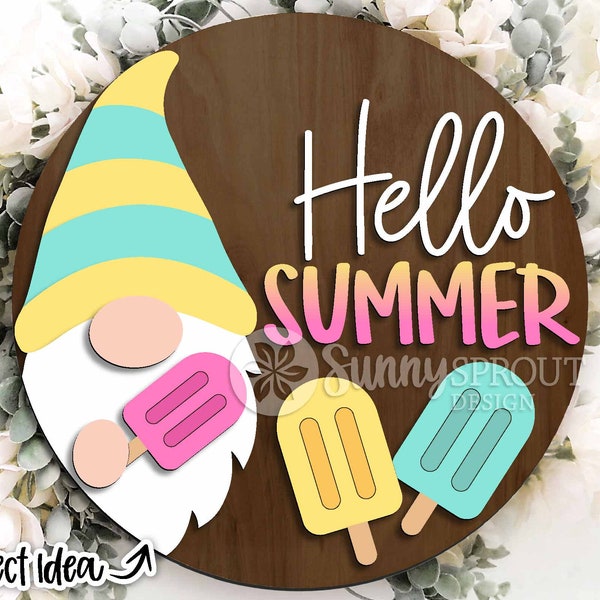 Hello Summer Gnome Popsicle Sign, Digital download, Round door hanger svg, Glowforge laser file, Cricut cut file, Summer welcome sign
