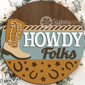 Placa de bota de caubói "Howdy Folks", download digital, porta-chaves redondo svg, arquivo de corte a laser Glowforge, Cricut, decoração de faroeste, placa de boas-vindas de caubói