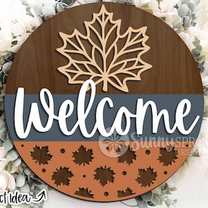 Willkommen Ahorn Blätter Zeichen, Digitaler Download, Runde Tür Schild, Glowforge Laser-Datei, Cricut, Herbst Dekor, Gefallene Blätter svg