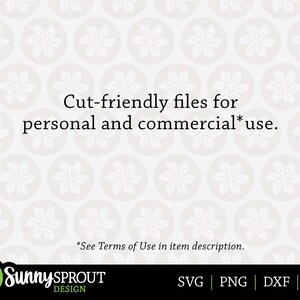 Peut inclure: Un fond blanc avec un motif r&eacute;p&eacute;titif de fleurs blanches dans des cercles. Le texte "Cut-friendly files for personal and commercial*use." est en noir. Le texte "*See Terms of Use in item description." est en noir plus petit. Le texte "Sunny SPROUT DESIGN" est en vert. Le texte "SVG | PNG | DXF | EPS" est en vert.