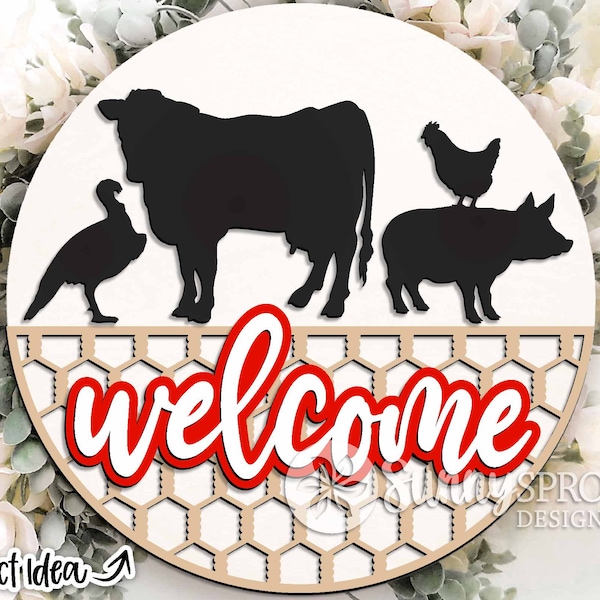 Welcome Farm Animals, Digital download, Round door hanger svg, Farmhouse sign svg, Glowforge laser file, Cricut cut file, Silhouette
