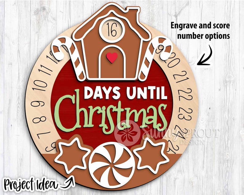 May include: A wooden Christmas countdown clock featuring a gingerbread house design. The clock has a red background with the words "Days Until Christmas" in green and white lettering. The clock is decorated with candy canes, gingerbread stars, and a peppermint candy.