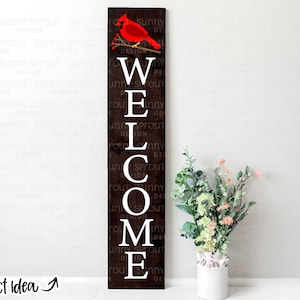 Cardinal bienvenue porche signe SVG, téléchargement numérique, fichier de coupe Cricut SVG, fichier de coupe Silhouette, svg plus maigre de porche d'hiver
