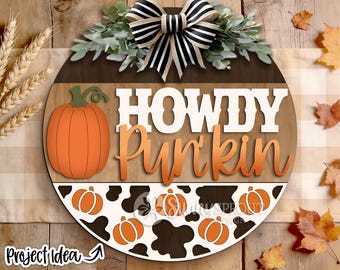 Howdy Pun'kin Western Sign, Digital Download, SVG Laser Cut File, Cricut, Fall Round Door Hanger Design, Cowboy Cow Pattern
