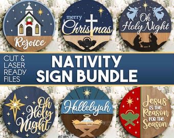 Nativity Laser Sign Bundle, Round door hanger, Glowforge laser cut file, Holiday welcome sign svg, Religious decor svg