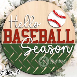 Cartello "Hello Baseball Season", download digitale, appendino rotondo per porta in formato SVG, file laser Glowforge, Cricut, cartello per partita di baseball, benvenuto sportivo in formato SVG