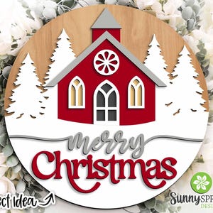 Placa de Feliz Natal com Igreja e Pinheiros, Suporte de porta redondo svg, Arquivo de corte a laser Glowforge, Cricut, Placa de boas-vindas svg, Download DIGITAL