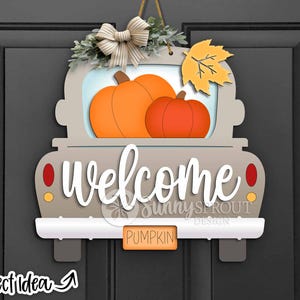 Welcome Fall Pumpkin Truck Sign, Digital download, Door hanger svg, Glowforge laser file, Cricut, Vintage old truck svg, Autumn welcome sign
