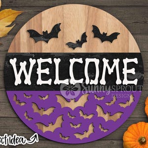 Welcome Bones and Bat Pattern Sign, Glowforge laser file, Cricut cut file, Round door hanger svg, Halloween welcome svg, Spooky door sign
