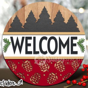 Letrero de bienvenida con forma de piña, descarga digital, colgador de puerta redondo SVG, archivo de corte láser Glowforge, Cricut, letrero rústico de cabaña forestal, SVG navideño