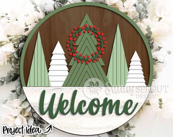 Welcome Pine Tree Wreath Sign, DIGITAL download, Round door hanger svg, Glowforge laser cut file, Cricut, Winter, Christmas holiday decor