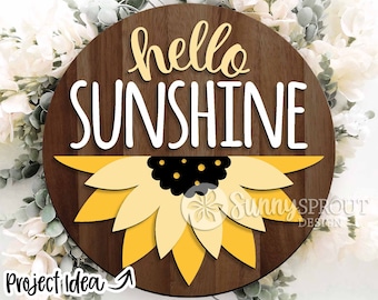 Hello Sunshine Sunflower Sign, Digital download, Round door hanger svg, Glowforge laser file, Cricut, Summer welcome sign, Floral decor svg
