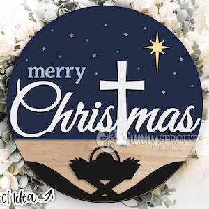 Merry Christmas Cross Jesus Sign, digitale download, ronde deurhanger svg, Glowforge laserbestand, Cricut, kerst welkom svg, kerststal scène