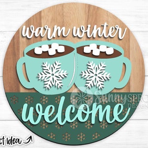 Chocolate caliente de bienvenida al invierno, descarga digital, colgador de puerta redondo SVG, archivo de corte láser Glowforge, Cricut, silueta, bienvenida de Navidad SVG