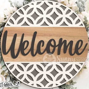 Welcome Modern Geometric Sign, Digital download, Round door hanger svg, Glowforge laser cut file, Modern pattern sign, Farmhouse door decor