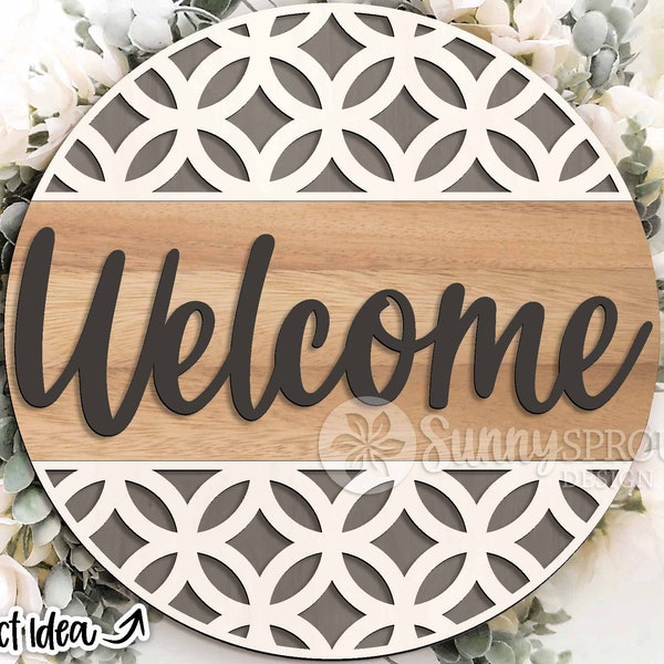 Welcome Modern Geometric Sign, Digital download, Round door hanger svg, Glowforge laser cut file, Modern pattern sign, Farmhouse door decor