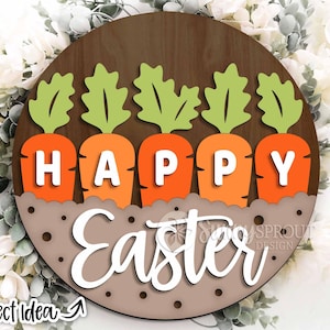 Letrero de zanahorias de Pascua feliz, descarga digital, colgador de puerta redondo svg, archivo láser Glowforge, Cricut, letrero de bienvenida de Pascua, decoración de primavera svg