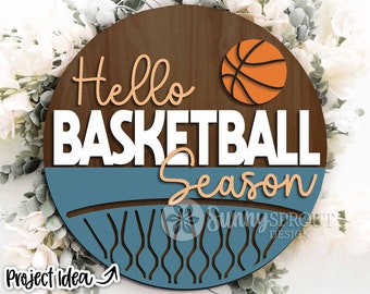 Hello Basketball Season Sign, Digital Download, SVG Laser Cut File, Cricut, Round Door Hanger Wall Art Design, Sports Decor