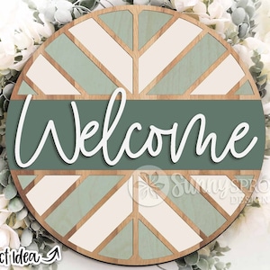 Cartello di benvenuto geometrico a zig-zag, download digitale, appendino rotondo per porta in formato SVG, file di taglio laser Glowforge, cartello con motivo trapuntato, decorazione per porta in stile fattoria