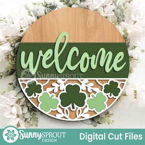 Clover Pattern Welcome Sign, Digital Download, SVG Laser Cut File, Cricut, Round Door Hanger Design, St. Patrick's Day Decor