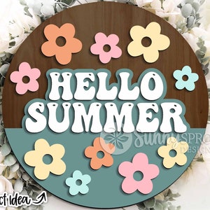 Hallo Sommer Retro Blumen Zeichen, Digitaler Download, Runde Tür Schild svg, Glowforge Laser-Datei, Cricut geschnitten Datei, Sommer Willkommen Schild svg