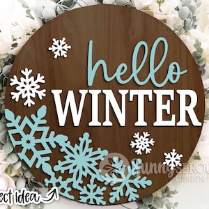 Hello Winter Snowflakes Sign, Digital download, Round door hanger svg, Glowforge laser file, Cricut, Winter door decor, Winter welcome sign