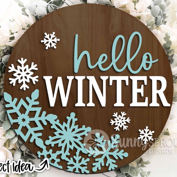Hello Winter Snowflakes Sign, Digital download, Round door hanger svg, Glowforge laser file, Cricut, Winter door decor, Winter welcome sign
