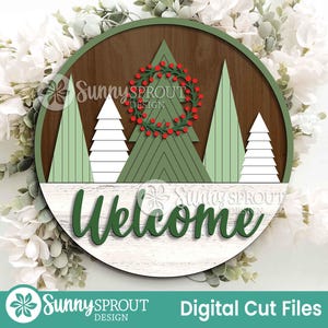 Welcome Pine Tree Wreath Sign, Digital Download, SVG Laser Cut File, Cricut, Round Door Hanger Design, Winter Christmas Decor