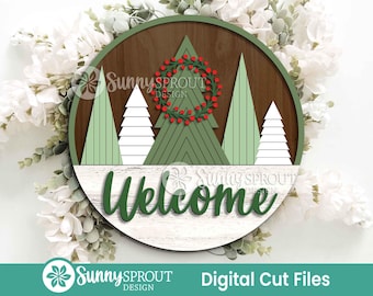 Welcome Pine Tree Wreath Sign, Digital Download, SVG Laser Cut File, Cricut, Round Door Hanger Design, Winter Christmas Decor