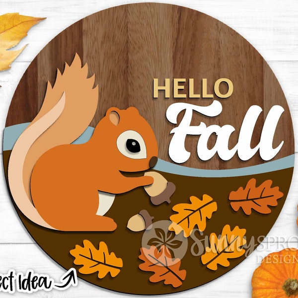 Hello Fall Squirrel, Digital download, Round door hanger svg, Autumn sign, Cricut cut file, Silhouette, Glowforge laser file, Welcome sign
