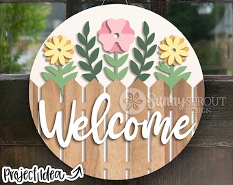 Welcome Fence Flowers Sign, Digital download, SVG Laser cut file, Cricut, Round door hanger design, Spring summer decor